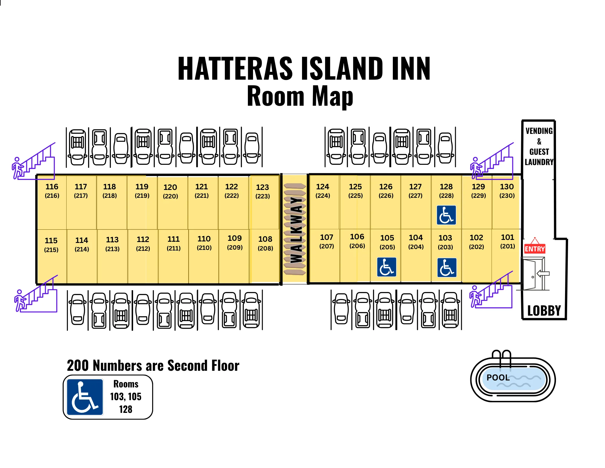 Room map of the Hatteras Island Inn: two guest wings of rooms either side of a covered walkway, with the lobby, entry, guest laundry and pool at one end and parking along both sides